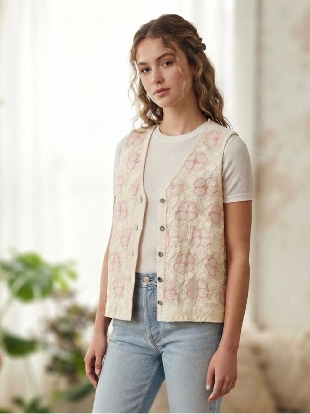 NWT POL One Size Cream Pink Floral Embroidered Button Front Vest Boho